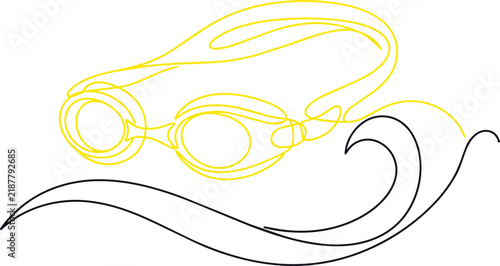 Yellow and black continuous line of swimming goggles and a stylized water wave on a plain white background, for sports theme