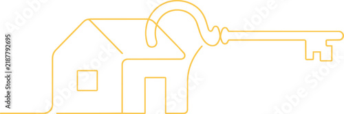 Yellow continuous line of a house silhouette connected to a large key on a plain white background, for real estate concepts