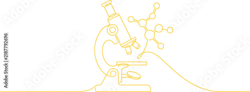 Yellow line of a laboratory microscope connected to a molecular structure on a plain white background, for science theme