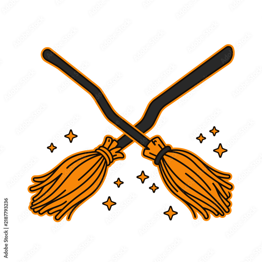 Fototapeta premium Crossed witch brooms with magical sparkles vector icon