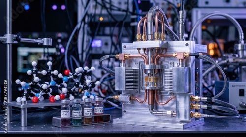 Quantum computing cooling module beside molecular models and sample vials in a laboratory
