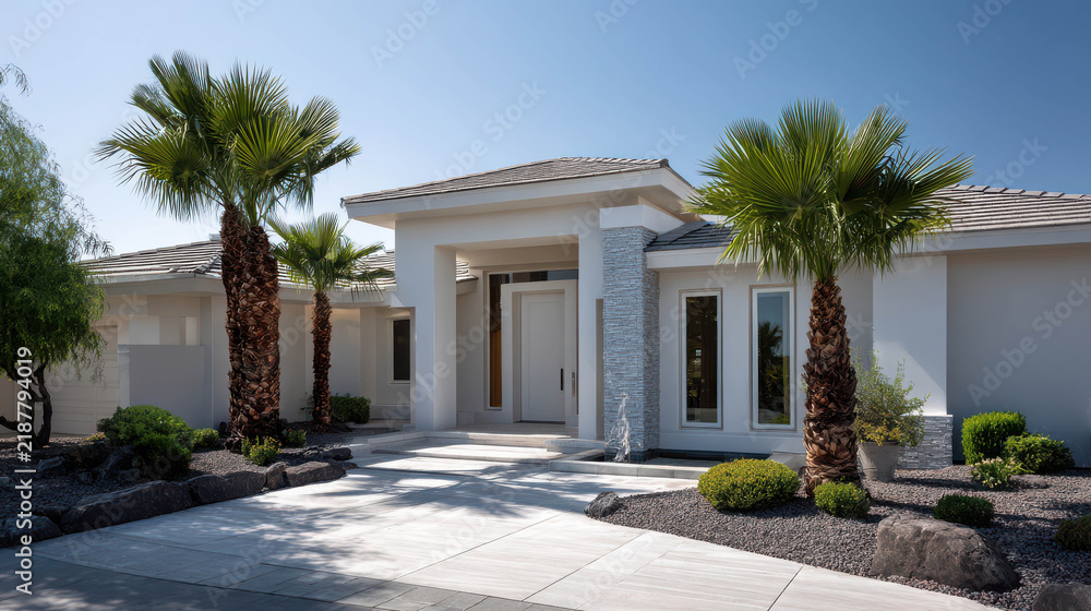 Fototapeta premium A modern white luxury home with palm trees lining the driveway under a clear blue sky. The house features clean lines and a minimalist design.