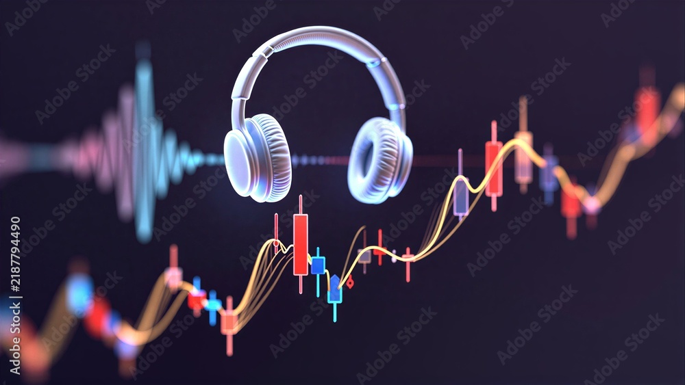 Obraz premium Headphones float above financial charts, blending audio and market trends.