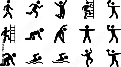 Movement Icon Set. Outline icon set of physical movement: walking, running, jumping, climbing, crawling, stretching, dancing,
