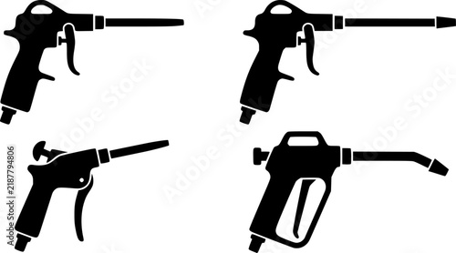 Silhouette collection of four air blow guns on white background
