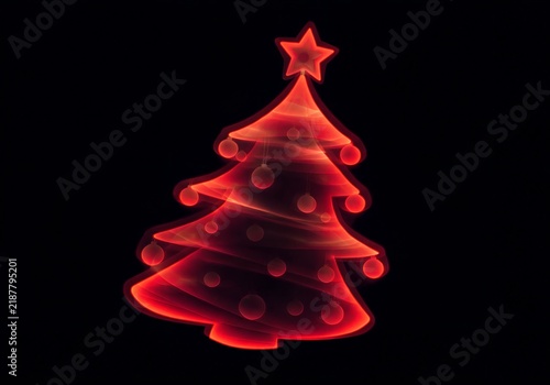 Abstract glowing red Christmas tree made of light waves isolated on dark black background concept