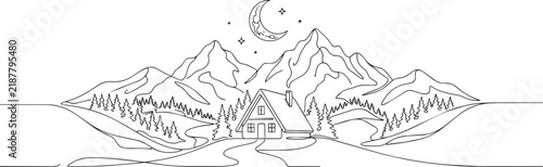 Continuous single line of a cozy cabin in the mountains with pine trees and a crescent moon, isolated on a white background