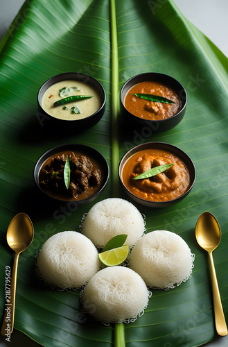 Authentic Idiyappam and Vegetable Meat Curry Spread on Fresh Banana Leaf