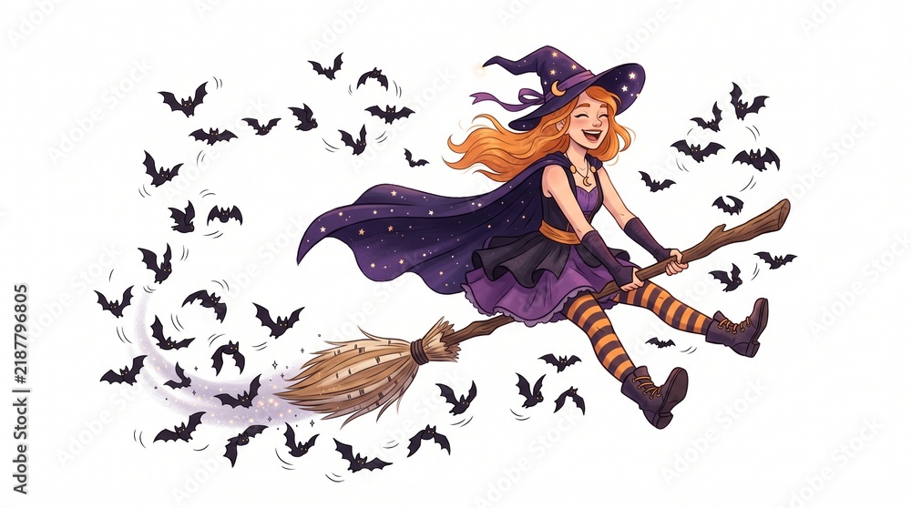 Fototapeta premium Happy Witch Flying Broomstick Surrounded by Bats Halloween Illustration