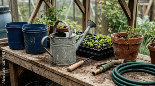 greenhouse bench with watering can, moisture meter, seedling trays, hose nozzle, barrels, and cracked clay pot