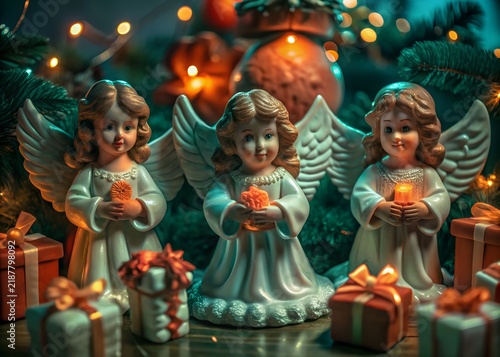 Statues of Christmas angels holding glowing candles in warm holiday bokeh lights background