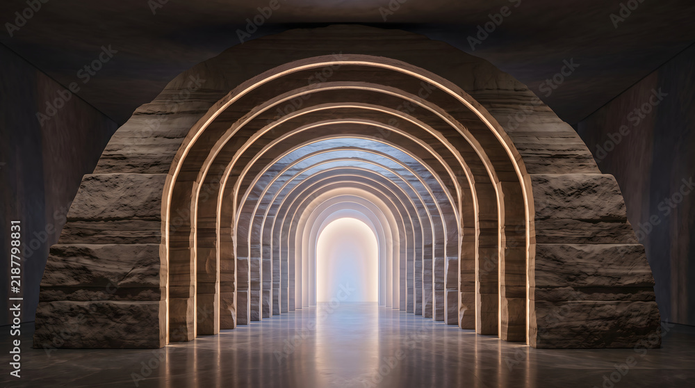 Fototapeta premium Sleek architectural tunnel with rough-hewn stone arches illuminated by soft glowing light, leading to a bright, ethereal destination.