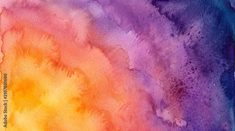 Obraz premium Abstract watercolor background with a vibrant gradient transition from warm yellow and orange to deep purple and blue hues