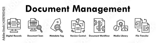 Document Management banner web icon illustration concept with icon of digital records, document scan, metadata tag, version control, document workflow, media library, and file transfer