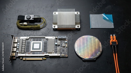 AI hardware arranged on a matte black workbench with accelerator card, heatsink, fiber optic connector, wrist strap, and silicon wafer.