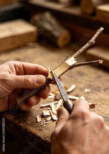 Hands carefully peeling bark from a wooden branch during traditional woodcraft preparation on a rustic workbench.
