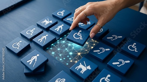 Obraz w ramie Hand selecting accessibility icon from blue digital grid