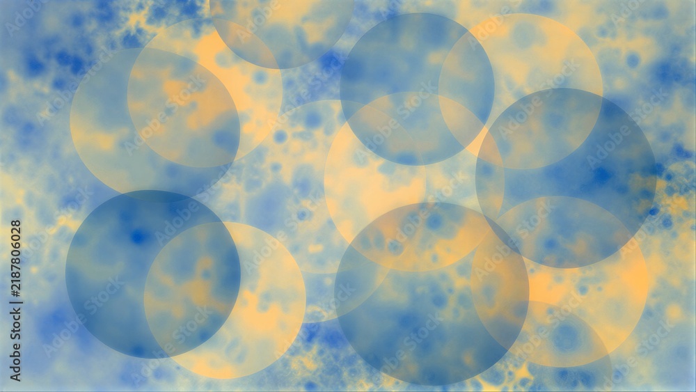 Obraz premium Floating blue and yellow circles overlap in a dreamy, watercolor-like abstract scene.