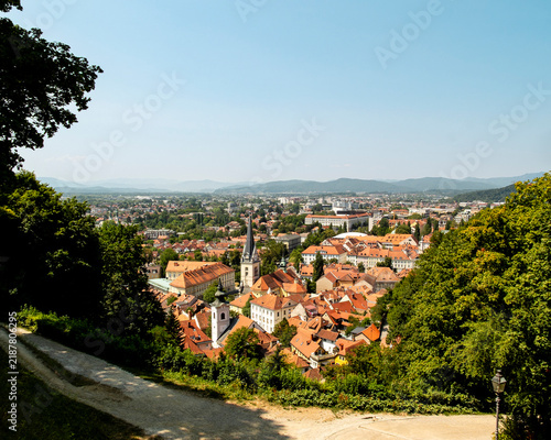 Картината върху платно A scenic elevated view of the historic center of Ljubljana, Slovenia, showcasing iconic red-tiled roofs and church steeples framed by lush trees on a bright, sunny day