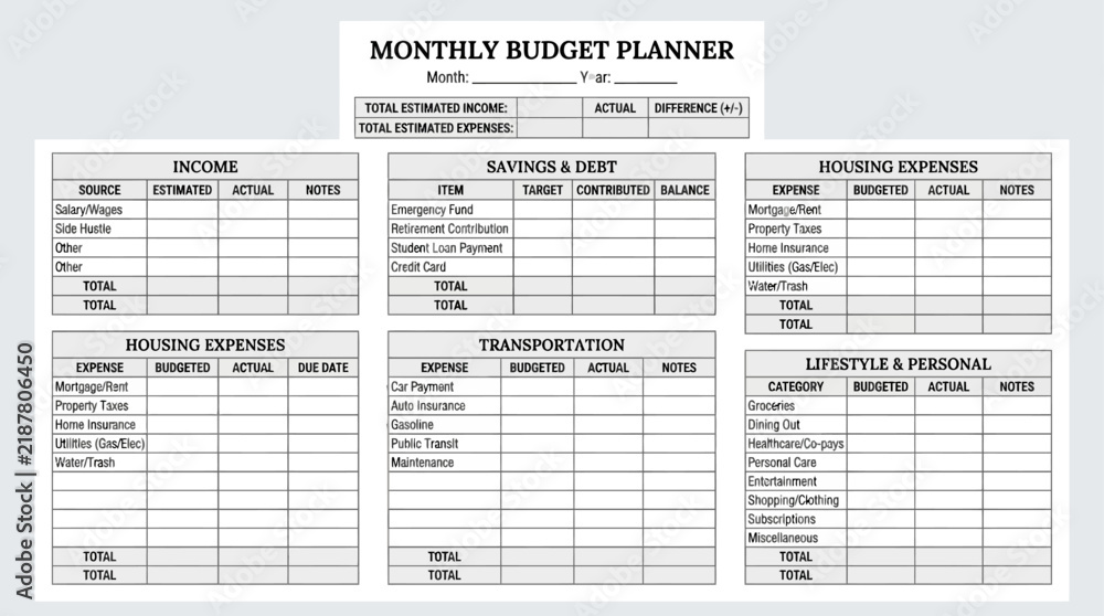 Fototapeta premium Monthly Budget Planner Template for Financial Planning