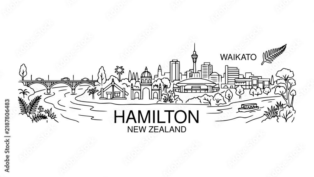 Fototapeta premium Hamilton, New Zealand Line Art Illustration