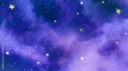 Fototapeta 水彩, 星空, 背景, 夜空, 星, 宇宙, 紫, ネイビー, ディープパープル, ブルー, 水彩背景, 幻想的, 神秘的, ファンタジー, 手描き, イラスト, 金色, ゴールド, きらめき, 星柄, 星雲風, 銀河風, 天の川風, 抽象, 抽象背景, テクスチャ, 紙の質感, にじみ, グラデーション, 光, 夜, 静寂, 夢, 夢のよう, スピリチュアル, 占星術, 天体, 星空背景, 背景
