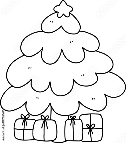 Line art illustration featuring a cute Christmas tree with present boxes, perfect for children's holiday coloring pages. Ideal for festive printables, activity sheets, Christmas greeting cards