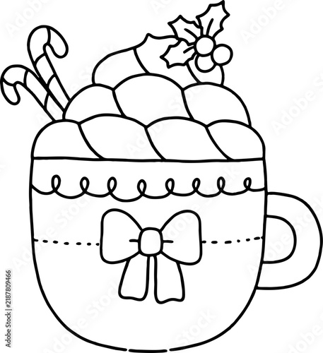 Line art illustration of a festive Christmas mug filled with hot chocolate, marshmallows, candy canes, and holly berries. Perfect for children's coloring pages, holiday activity sheets, festive menu