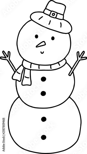 Line art illustration of a cute snowman wearing a top hat and scarf, perfect for children's Christmas coloring pages. Ideal for winter holiday activity sheets, festive printables, greeting cards