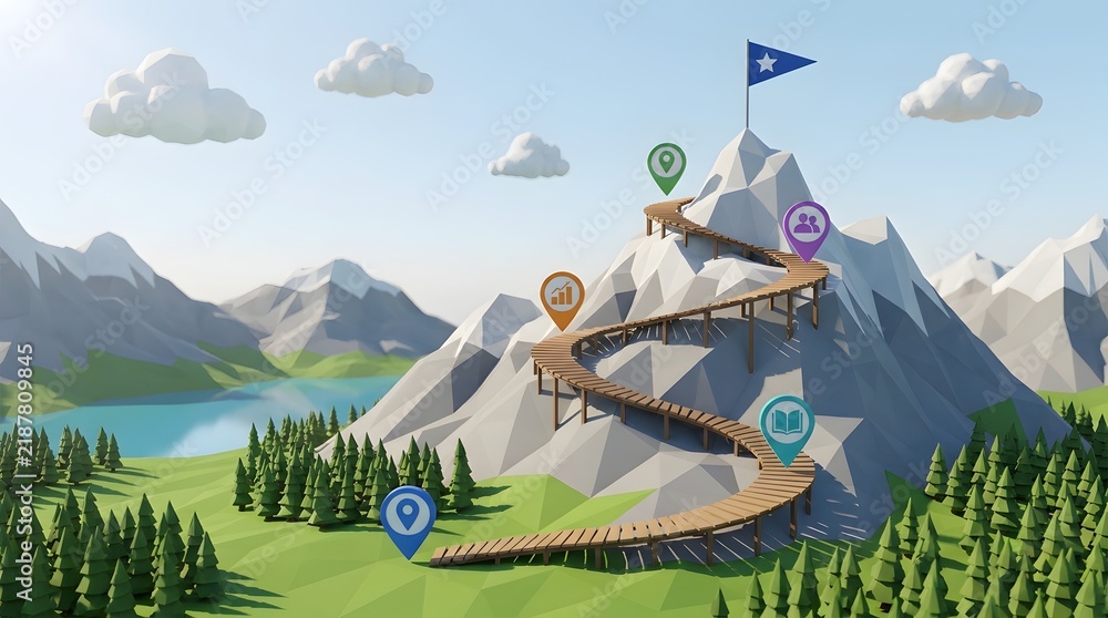 Obraz premium Mountain path with milestones to success and goal flag