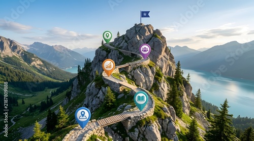 Mountain path with milestones and flag on summit