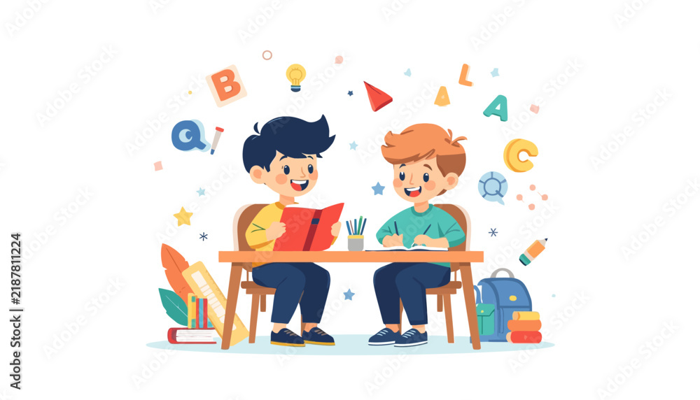 Fototapeta premium Schoolboys sitting at a desk study together with books and school supplies.