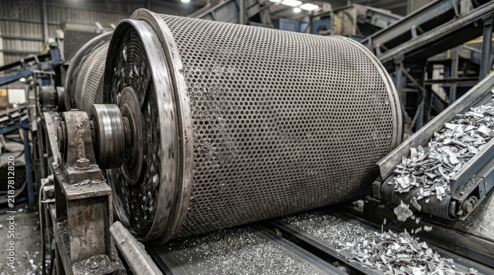 Obraz premium Rotating trommel screen separating aluminum fragments from mineral residue in industrial processing