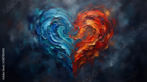 Plakat w ramie Two figures representing fire and ice stand facing each other in a dramatic scene