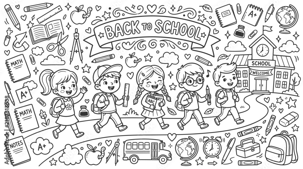 Fototapeta premium Back to School Scene with Dancing Children and Classroom Elements in a Playful Doodle.