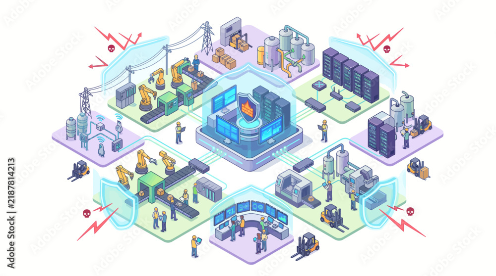 Fototapeta premium Isometric illustration of a smart factory with automated production lines and robotic systems.