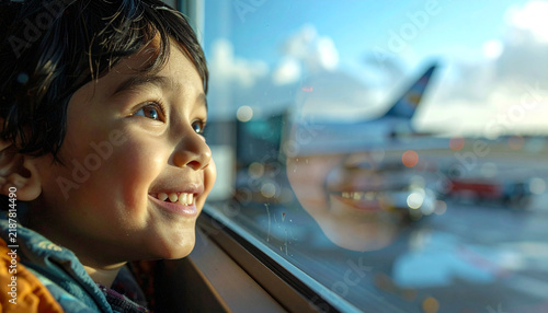 A Child's Anticipation: A young boy gazes out an airport window with wide-eyed wonder, his face illuminated by the morning sun, watching an airplane taxi on the tarmac.