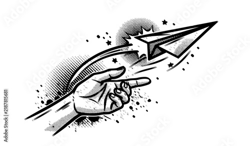 Vintage Dotted Pop Art Hand Launching Paper Plane Minimal Collage Vector