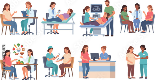 Maternity Prenatal Care Pregnant Woman Doctor Consultation and Ultrasound Checkup Illustration Set