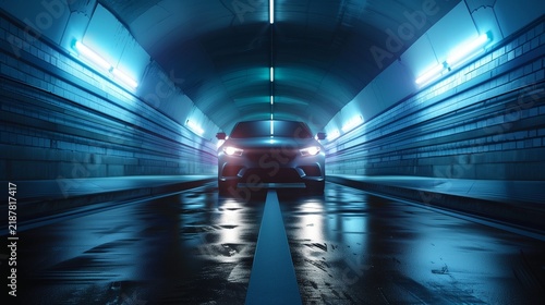 Performance car headlights glowing in dark tunnel.
