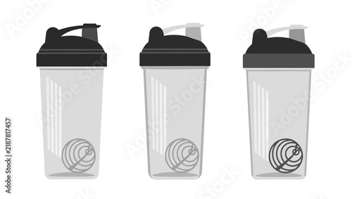 Three transparent plastic shaker bottles with black lids and mixing balls inside, isolated on a white background.