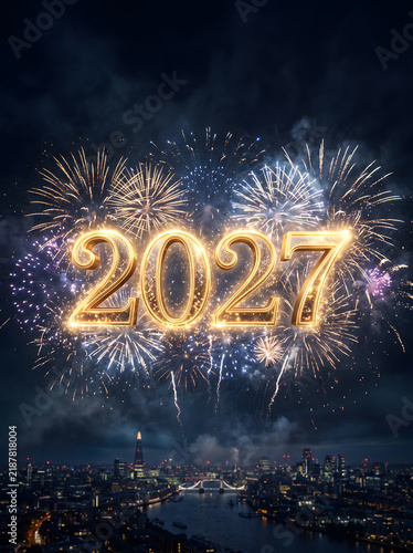 Spectacular 2027 New Year firework explosion vertical background with glowing numbers