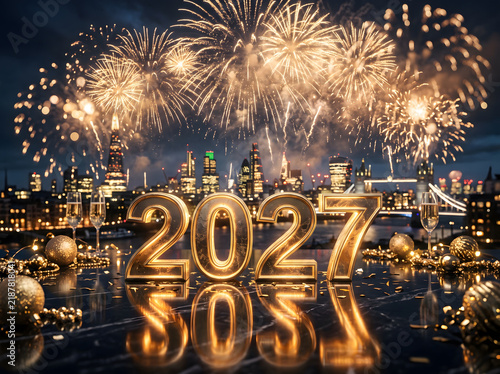 Happy New Year 2027 celebration background with golden fireworks display and party lights