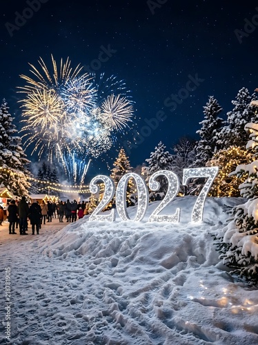 Snowy winter path illuminated by glowing 2027 text and grand New Year fireworks show