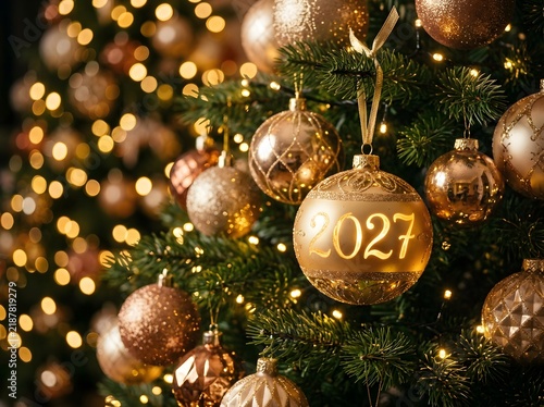 Sparkling golden 2027 New Year greeting text among beautiful Christmas tree decorations