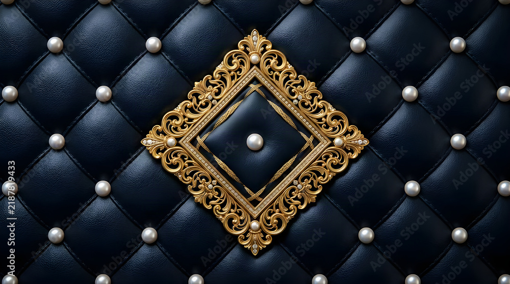 Obraz premium Luxury quilted dark blue leather texture with gold decorative frame and pearl accents