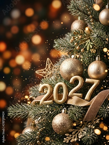 Vertical dark background with glowing 2027 New Year text and golden Christmas ornaments