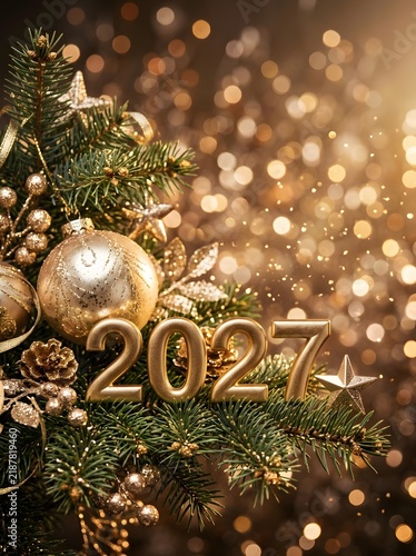 Vertical Golden 2027 New Year Greeting on Christmas Tree Branch