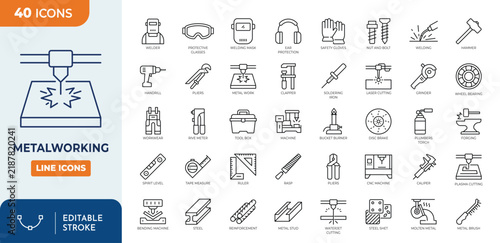 Metalworking icon set. Editable stroke