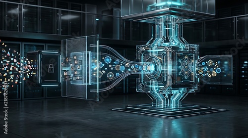 3D visual representation of digital data processing, showing particles flowing through a secure lock screen into a glowing futuristic central machine inside an industrial server room.